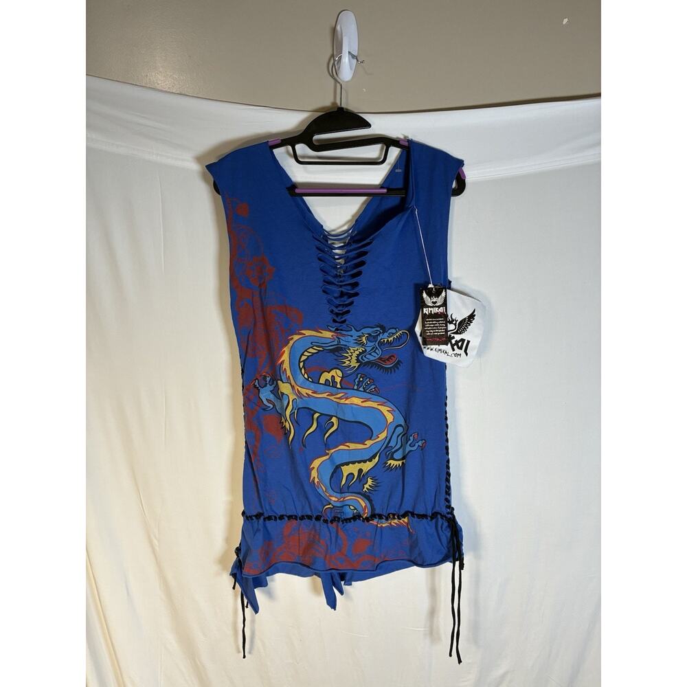 Kimikal Womens L NWT Blue Dragon Graphic Lace Up Cutout Tank Top Y2K Grunge